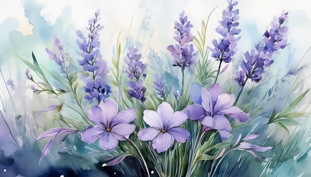 a delicate watercolor painting showcases a cluster of pale lavender flowers their slender stems rising elegantly from a bed of verdant grasses and budding blossoms creating a