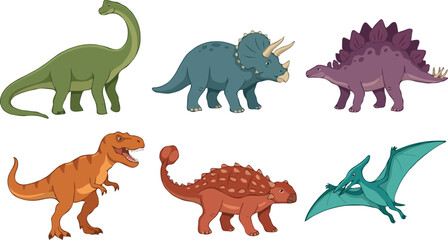 Cute dinosaur vector cartoon character set featuring popular prehistoric animals like tyrannosaurus rex, triceratops, stegosaurus, pterodactyl, and brachiosaurus for kids graphic designs. © MstRowshanAra