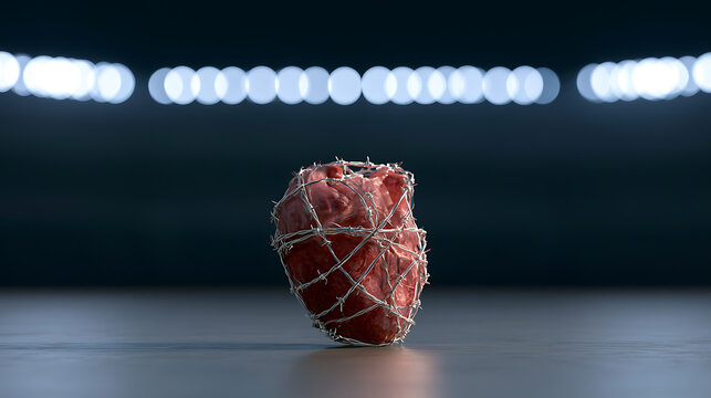 Symbolic representation of a distressed heart, entrapped by barbed wire, with bokeh lights in the background, conveying pain and restriction