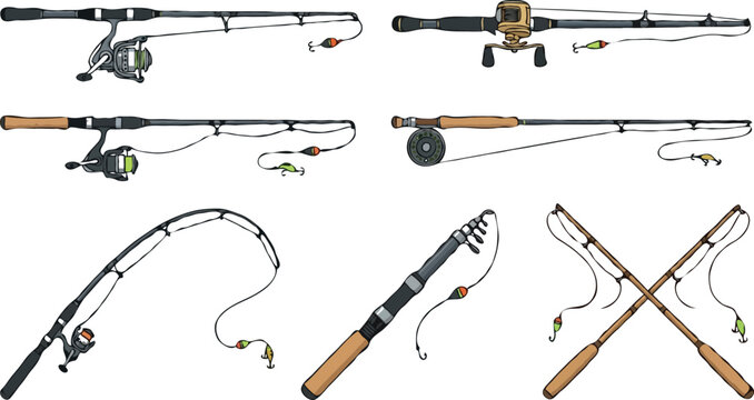 Professional fishing rod and reel vector illustration set featuring spinning, baitcasting, fly fishing, and telescopic tackle gear equipment for outdoor sport designs.