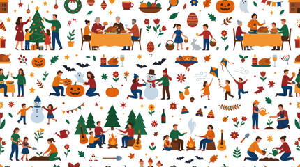 Fototapeta premium Flat Vector Illustration Seamless Pattern of Festive Seasonal Holidays and Family Activities