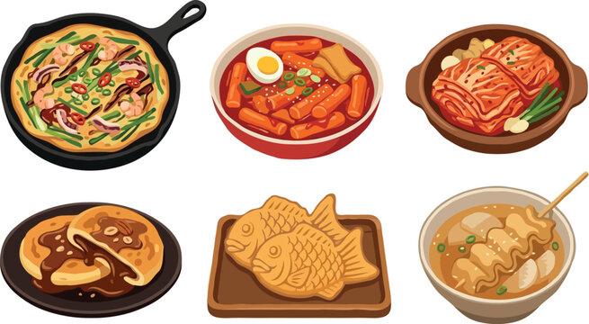Traditional Korean food vector illustration set featuring popular street snacks like tteokbokki, kimchi, pajeon pancake, bungeoppang fish pastry, hotteok, and odeng soup.