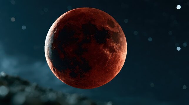Majestic blood moon rising during total lunar eclipse with cratered red surface with accented soft bokeh lights silhouetted trees below captures striking celestial