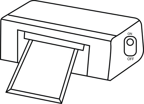Simple black and white line art vector illustration of a desktop printer machine with power switch isolated on white background