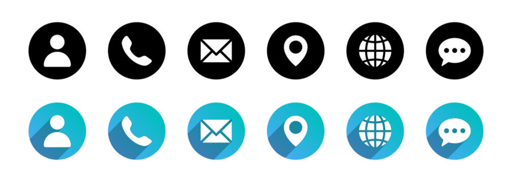 Contact icon set for business card and website. contact information icons containing name, phone, email, location, web address and message symbol. Vector and Transparent PNG