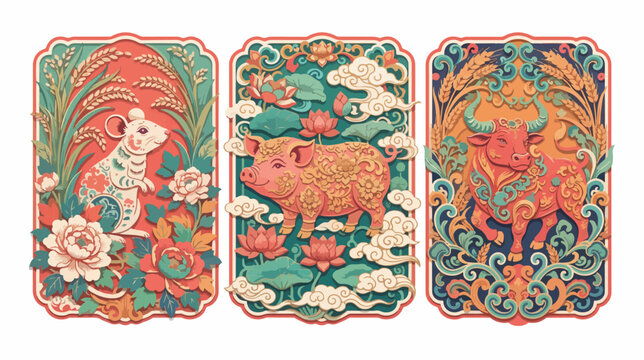 Chinese zodiac animals triptych illustration. Traditional lunar calendar astrology art.