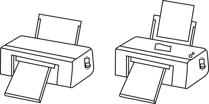 Simple black and white line art vector illustration of desktop computer printers with paper isolated on white background