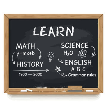 Blackboard displays various academic subjects including mathematics, science, history, and English grammar rules written in white chalk.