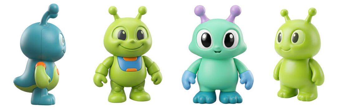 Friendly colorful alien characters with cute big eyes and smooth plastic textures posed standing in a row on transparent background