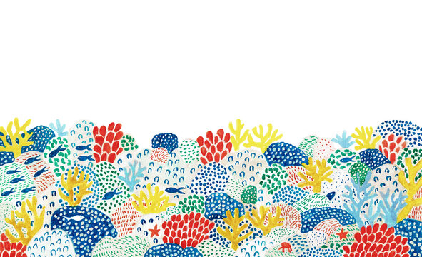 色鮮やかなサンゴ礁と魚たちの手描きイラスト背景