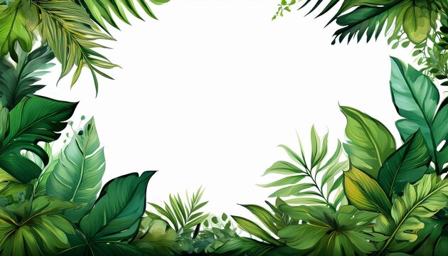 a vibrant green tropical jungle frame with lush leaves and branches forms a natural border on white background perfect for spring or summer designs png
