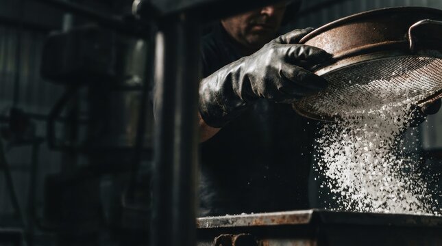 A worker wearing gloves uses a sieve to sort granular material in a workshop setting