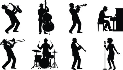 Jazz band musicians playing instruments and female singer black vector silhouette set isolated on white background © Monjurul