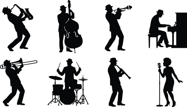 Jazz band musicians playing instruments and female singer black vector silhouette set isolated on white background