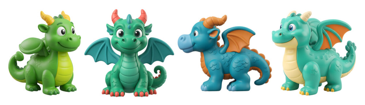 Four cute colorful mythical dragons standing together featuring bright cheerful designs and friendly expressions isolated purely on transparent background