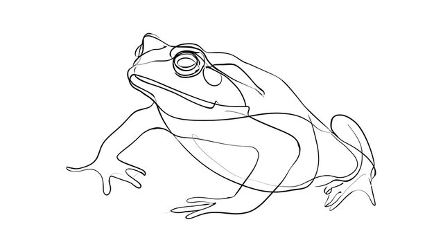 Minimalist frog line drawing on white background.