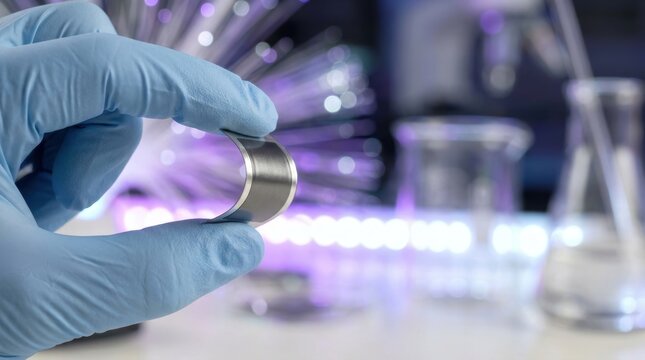Hand in blue glove holds flexible metallic material near fiber optics and lab equipment