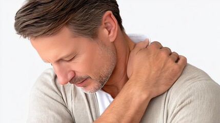 Fototapeta premium Man holds neck with pain in a studio setting, showing discomfort and strain in hyper-realistic portrayal