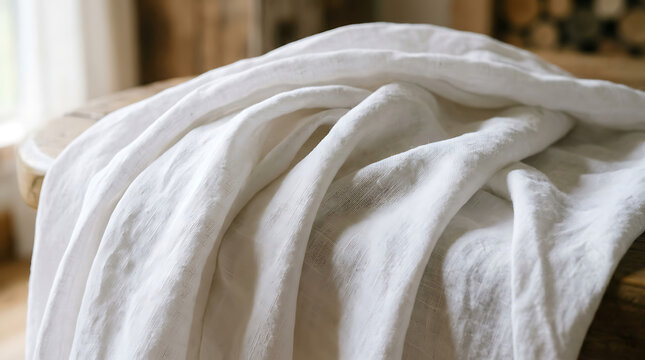 Soft folded white knit blanket on wooden surface