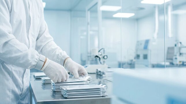 Scientist in protective clothing handling sterile electronic components in a laboratory