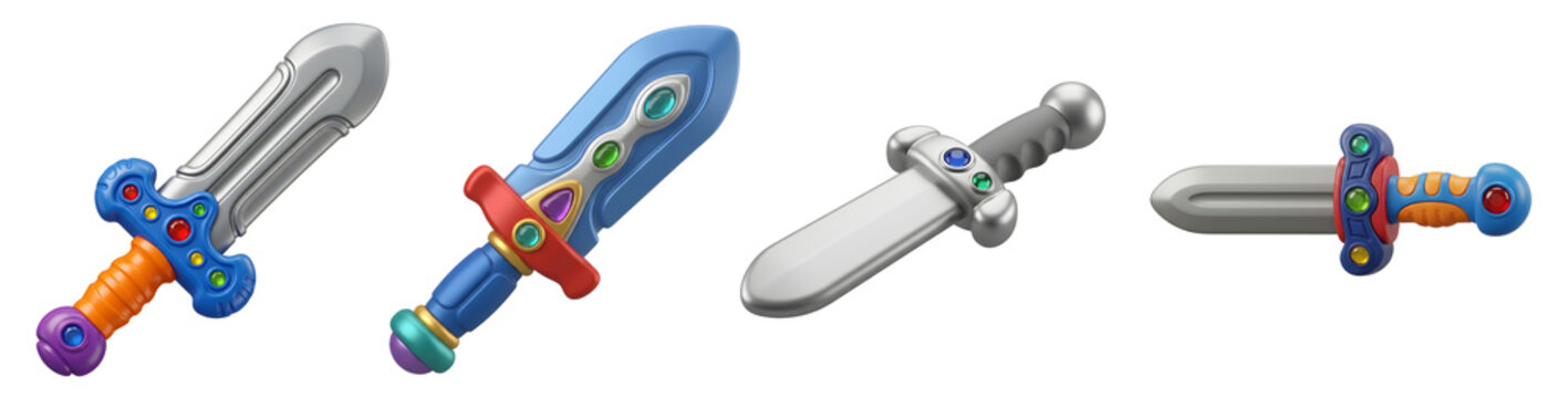 Four colorful toy swords with diverse designs and jeweled handles arranged in a horizontal row isolated on transparent background
