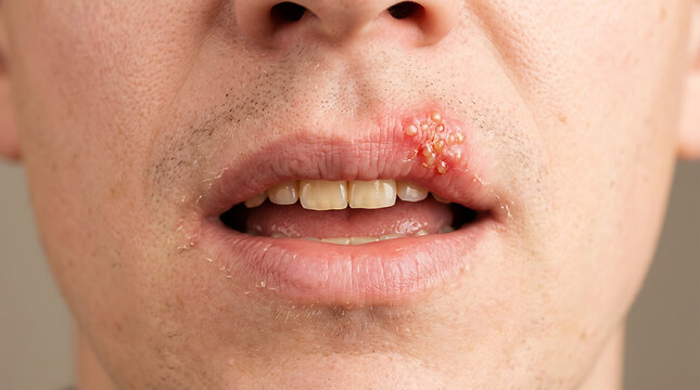 Close-up of cold sore on upper lip with redness and scabbing