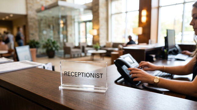 Modern corporate lobby reception desk with a clear glass sign and hands working at a computer for professional websites, administrative services marketing, and hospitality brochures.