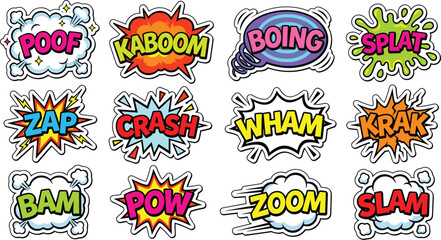 Retro Comic Book Sound Effects Flash Explosion Sticker Set with Boom Blast Kaboom and Wham Speech Bubbles for Graphic Novel and Poster Layout Designs © khadija