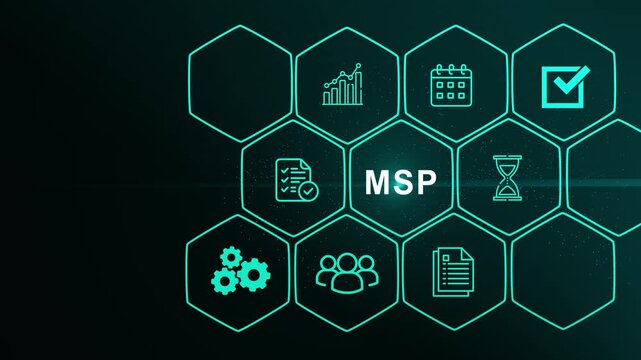 MSP acronym, managed service provider concept, A managed service provider is a third party company that remotely manages a customer's information. digital interface.