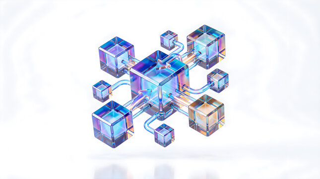 3D Crystal Glass Central Data Cube with Inward Directional Arrows for Data Aggregation and Network Node Consolidation