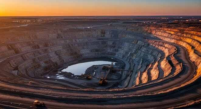 Vast open pit mine at sunrise with machinery and water reflection, showcasing industrial excavation