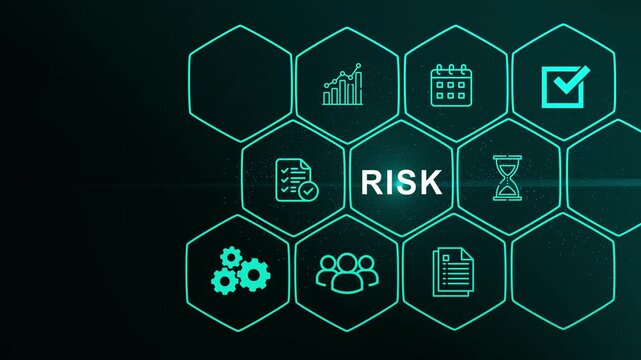 Glowing line a risk concept button on a visual display. Hi tech motion graphic. digital interface on cyan color background