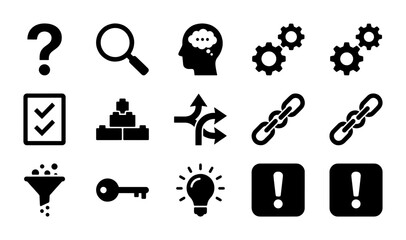 Business Strategy Icons Set, Decision Making, Problem Solving, Search, Key Concepts, Workflow, Innovation, Solutions, Strategy, Planning, 15 Vector Elements © Hasan