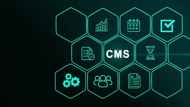 Concept of a Content Management System (CMS) A platform for website administration, digital content creation, workflow management, and digital 3d interface on cyan color background