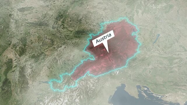 Austria map revealing glowing outline with terrain and surrounding countries video reveal geography europe country borders political cartography satellite view aerial landform