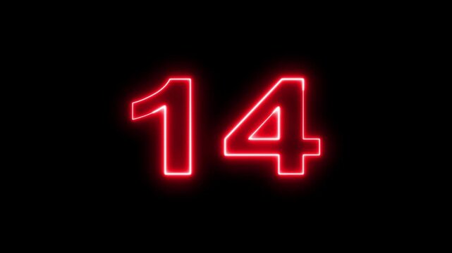 Red neon light effect displaying number fourteen isolated on black background for digital timer countdown.