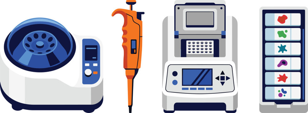 Modern laboratory equipment set including centrifuge micropipette thermal cycler and slides for biotechnology and medical research