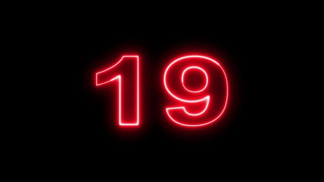Neon number nineteen red glowing light motion graphics footage isolated on black background cinematic art.