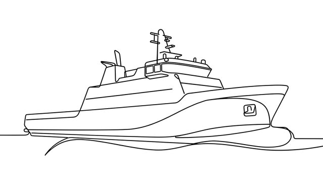 Military naval ship line drawing white background.