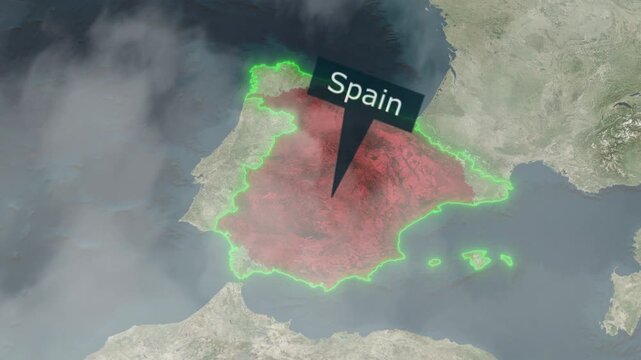 Map zooms out from spain with glowing border and label aerial view video iberian peninsula geography zoom satellite cartography location travel tourism