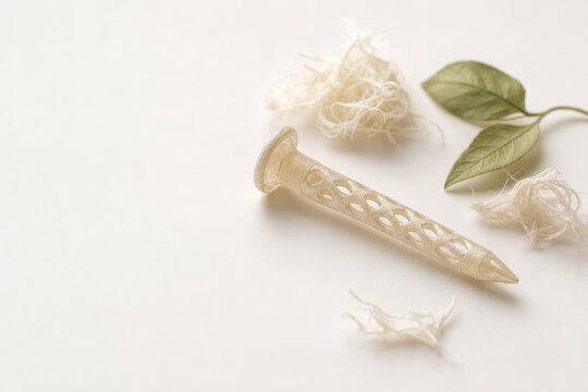 Biodegradable bone pin implant made from organic silk biomaterial with dried silk fibers and leaf sprig illustrating bioabsorbable medical device and sustainable surgery innovation