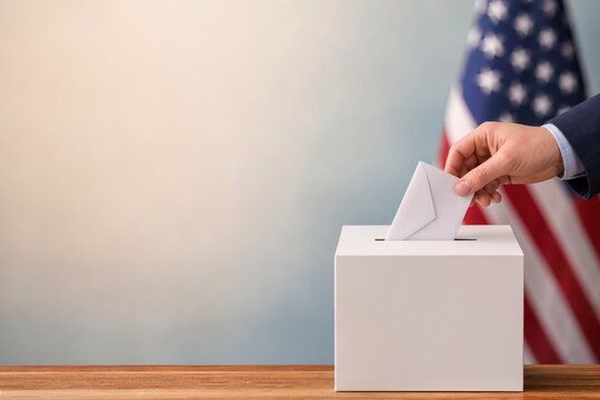 2026 midterm elections US ballot box with hand casting vote into white envelope style ballot against blurred American flag patriotic voting concept for House Senate governor state legislature