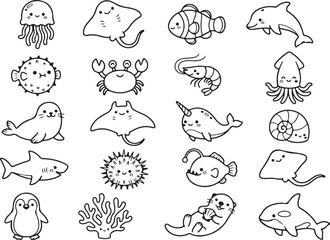 Fototapeta premium Set of cute hand drawn sea creatures and ocean animals for coloring book page or children illustration