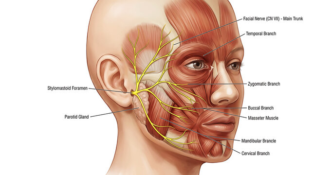 Detailed anatomical diagram of human facial nerves and muscles