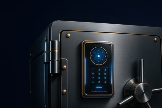 Secure digital vault door with electronic quantum encryption lock panel glowing blue futuristic banking post quantum cryptography data security enterprise protection financial technology