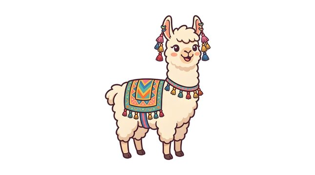 Charming white llama graphic, adorned with a colorful patterned blanket and playful ear tassels, designed as a cheerful flat vector illustration, suitable for commercial design projects.