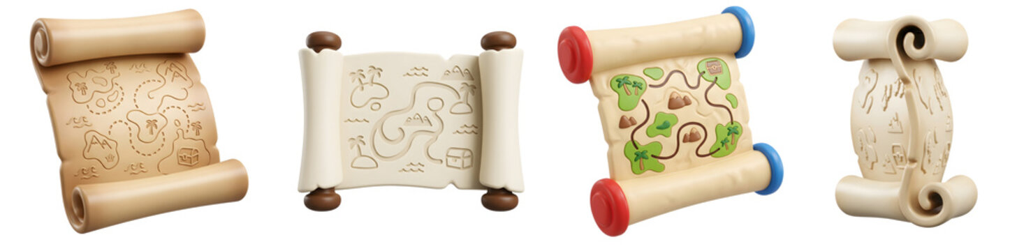 Four stylized three dimensional treasure maps with golden aesthetic and parchment textures arranged in a row on transparent background