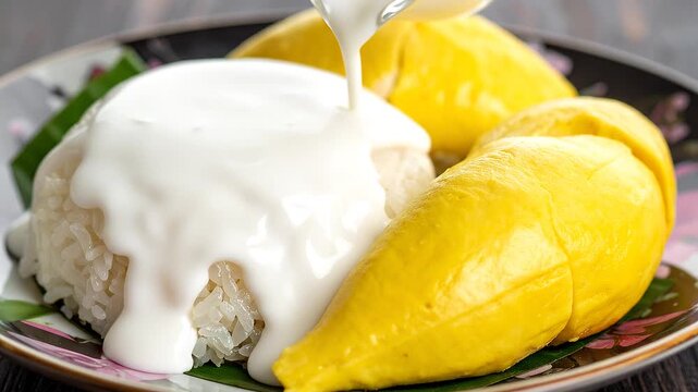 Pouring thick coconut milk over sticky rice and fresh durian fruit on a banana leaf plate
