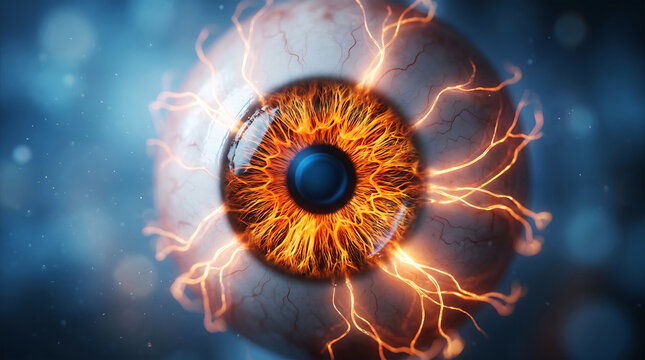 Glowing human eye with fiery tendrils and cosmic background fire