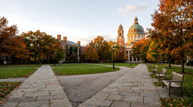 Autumn view of a historic college campus quad with fall foliage. Stone pathway leading to university buildings with a green dome